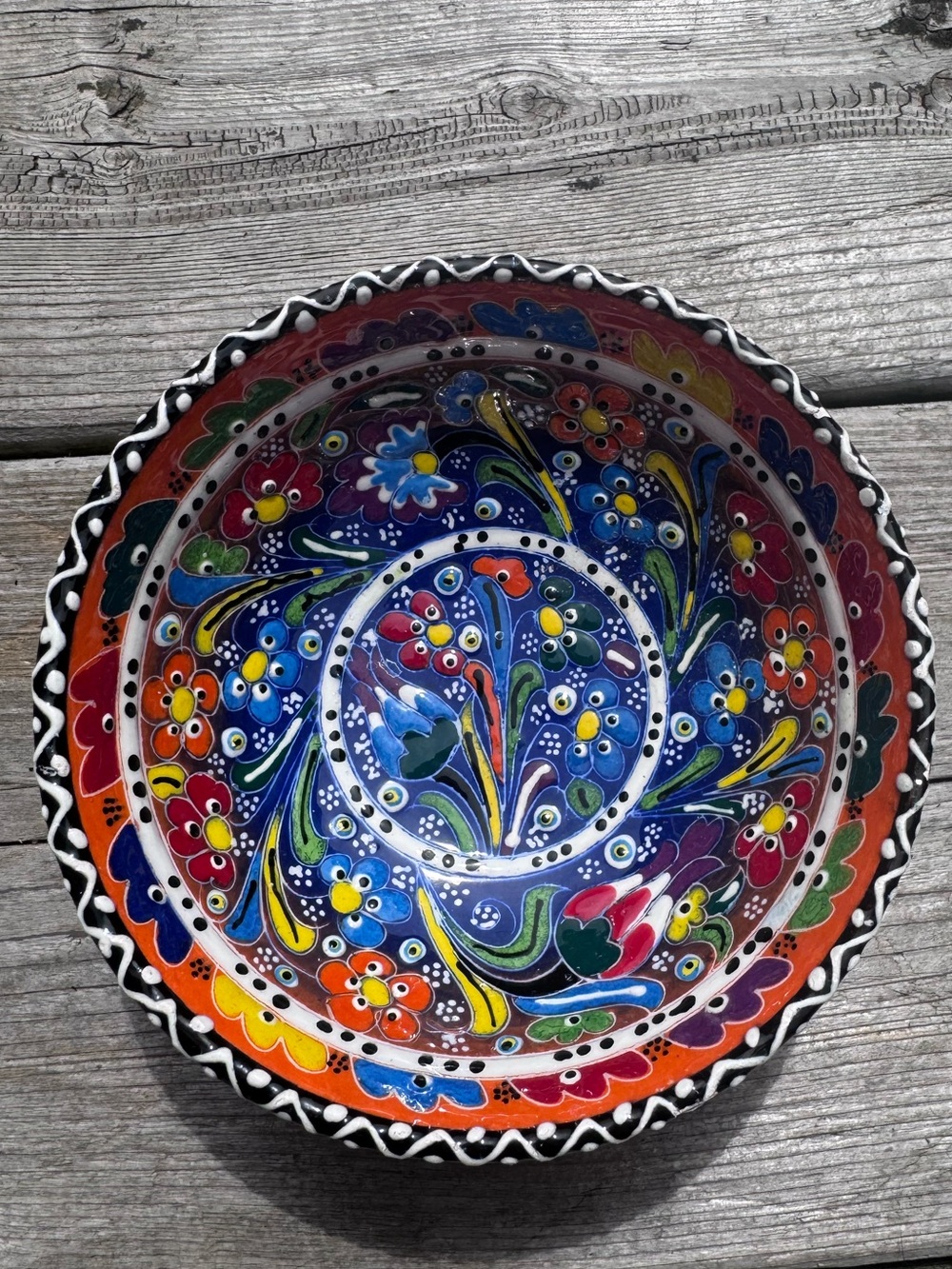 Hand-Painted Indonesian Ceramic Trinket Dish / Small Bowl – 5” – Floral Folk Art
